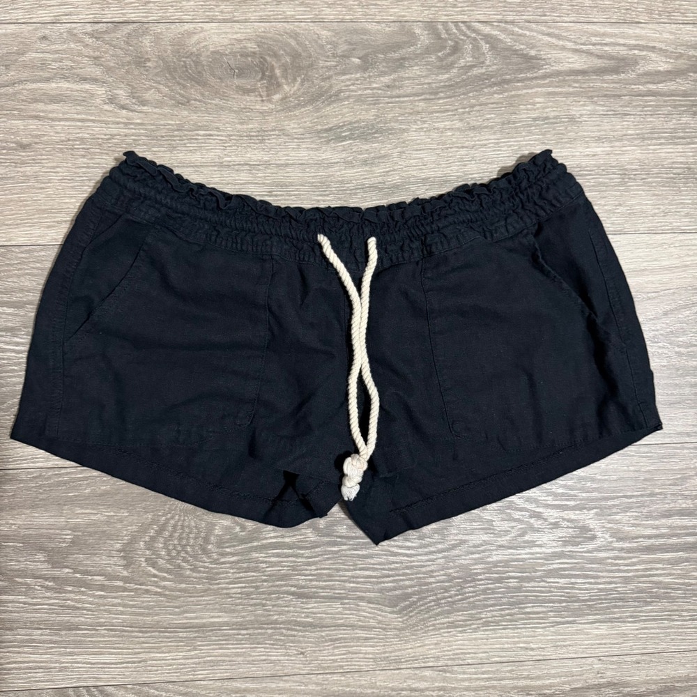 Roxy Linen Blend Shorts XL Oceanside Black Smocked Waist Drawstring Womens Y2K
